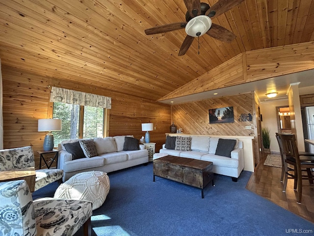 3260 Herron Dr, Gwinn, MI 49841 - living room with wooden walls, wooden ceiling, ceiling fan, wood finished floors, and high vaulted ceiling
