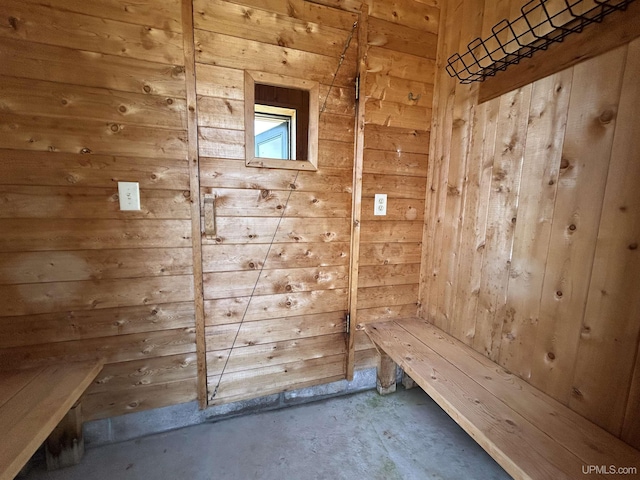 3260 Herron Dr, Gwinn, MI 49841 - sauna with wooden walls and concrete floors