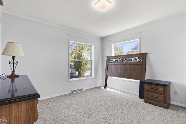 unfurnished bedroom with a textured ceiling, carpet flooring, and baseboards
