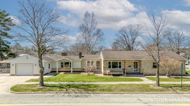 606 S 13th St, Gladstone, MI 49837 - ranch-style house featuring driveway, a front lawn, a porch, and a chimney