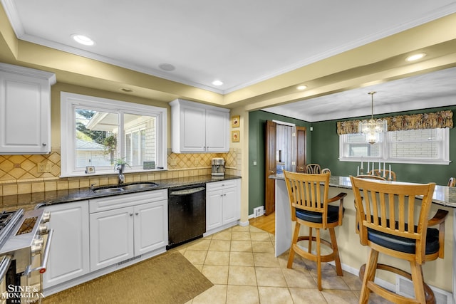 kitchen featuring black dishwasher, ornamental molding, a sink, white cabinets, and light tile patterned flooring