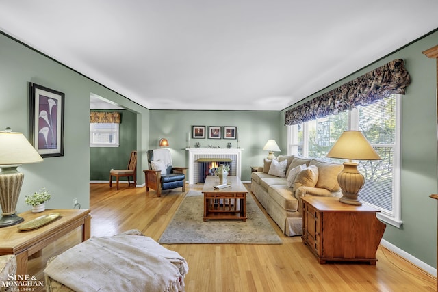living room with light wood finished floors, baseboards, and a fireplace