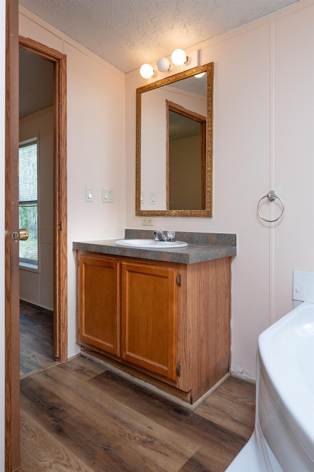 1448 W Sian Dr, Sanford, MI 48657 - bathroom with wood finished floors, vanity, and a textured ceiling