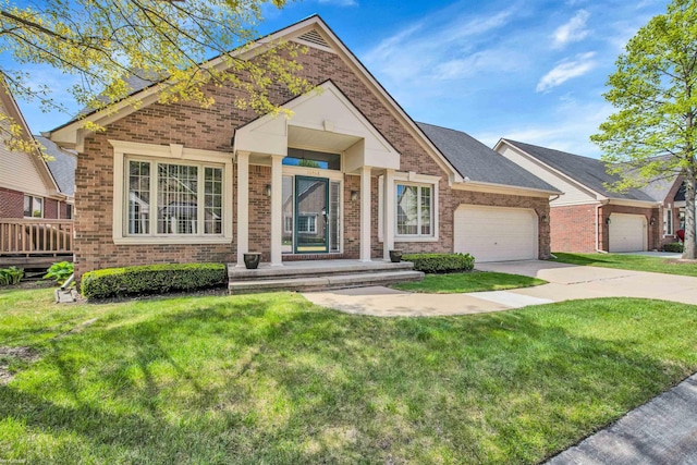 ranch-style house featuring brick siding, an attached garage, and a front lawn