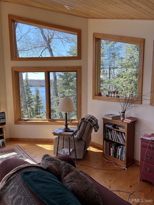 25393 Campsite Dr, Michigamme, MI 49861 - sitting room featuring wood-type flooring, baseboards, and a water view