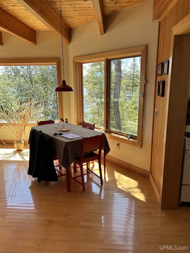 25393 Campsite Dr, Michigamme, MI 49861 - dining room with beam ceiling, healthy amount of natural light, baseboards, wooden ceiling, and light wood-type flooring