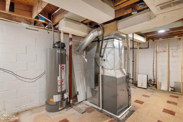 utility room with gas water heater and heating unit