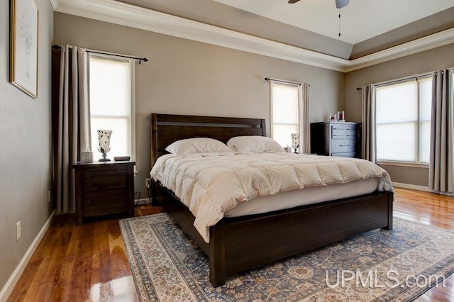 212 S 1st Ave, Escanaba, MI 49829 - bedroom featuring wood finished floors, baseboards, crown molding, and a tray ceiling