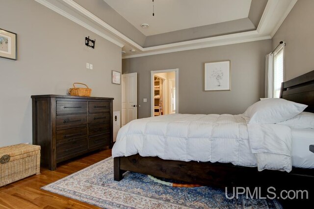 212 S 1st Ave, Escanaba, MI 49829 - bedroom with wood finished floors, a tray ceiling, and ornamental molding