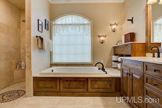 212 S 1st Ave, Escanaba, MI 49829 - bathroom with vanity, a bath, walk in shower, crown molding, and plenty of natural light