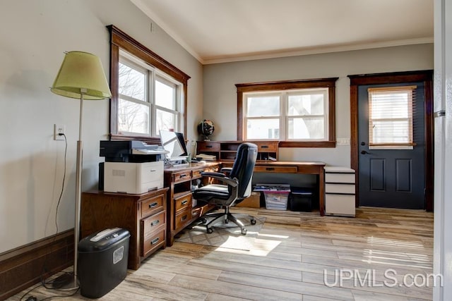 212 S 1st Ave, Escanaba, MI 49829 - office area featuring crown molding and light wood-style floors
