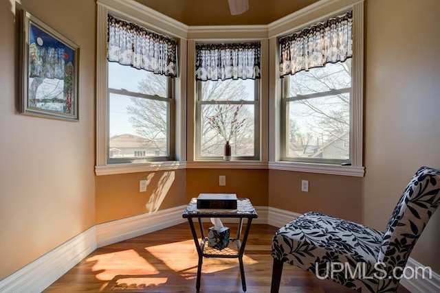 212 S 1st Ave, Escanaba, MI 49829 - living area with wood finished floors, baseboards, and ceiling fan