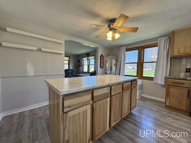 437 N Main St, Lanse, MI 49946 - kitchen featuring dark wood-type flooring, baseboards, a ceiling fan, and a wainscoted wall