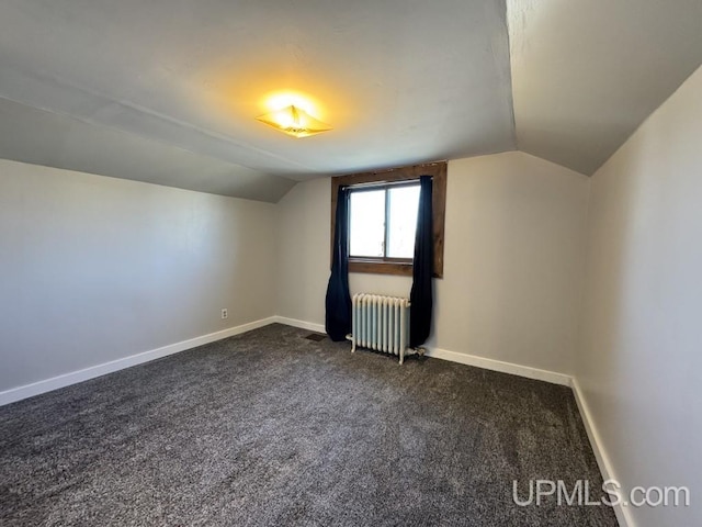 437 N Main St, Lanse, MI 49946 - additional living space featuring radiator heating unit, lofted ceiling, dark colored carpet, and baseboards