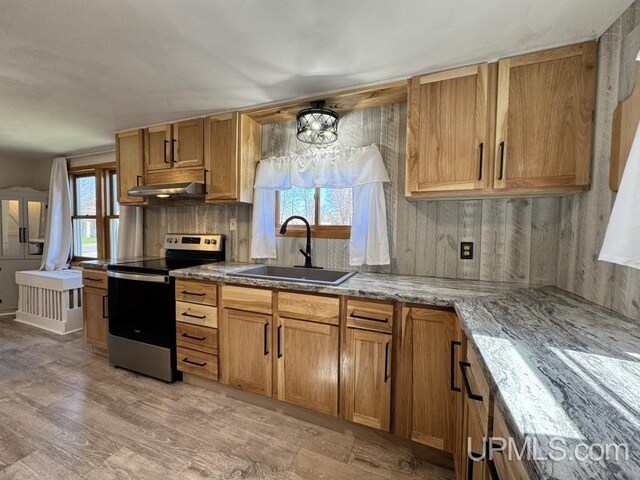 437 N Main St, Lanse, MI 49946 - kitchen with stainless steel range with electric stovetop, a sink, light stone countertops, under cabinet range hood, and light wood-style floors