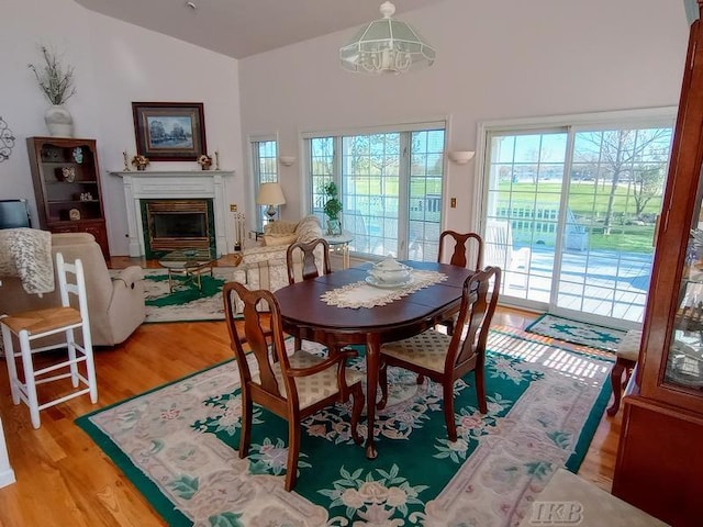 1726 Berkshire Dr, Gladwin, MI 48624 - dining room featuring lofted ceiling, a glass covered fireplace, light wood-style flooring, and plenty of natural light