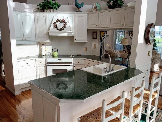1726 Berkshire Dr, Gladwin, MI 48624 - kitchen with white range with electric stovetop, light wood finished floors, a sink, dark countertops, and a breakfast bar area