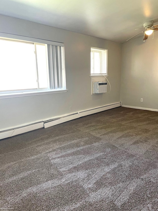 carpeted empty room with baseboard heating, ceiling fan, and baseboards
