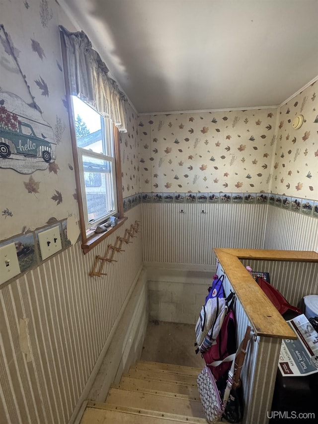 643 S Pine St, Ishpeming, MI 49849 - stairs with wallpapered walls, hardwood / wood-style flooring, and a wainscoted wall