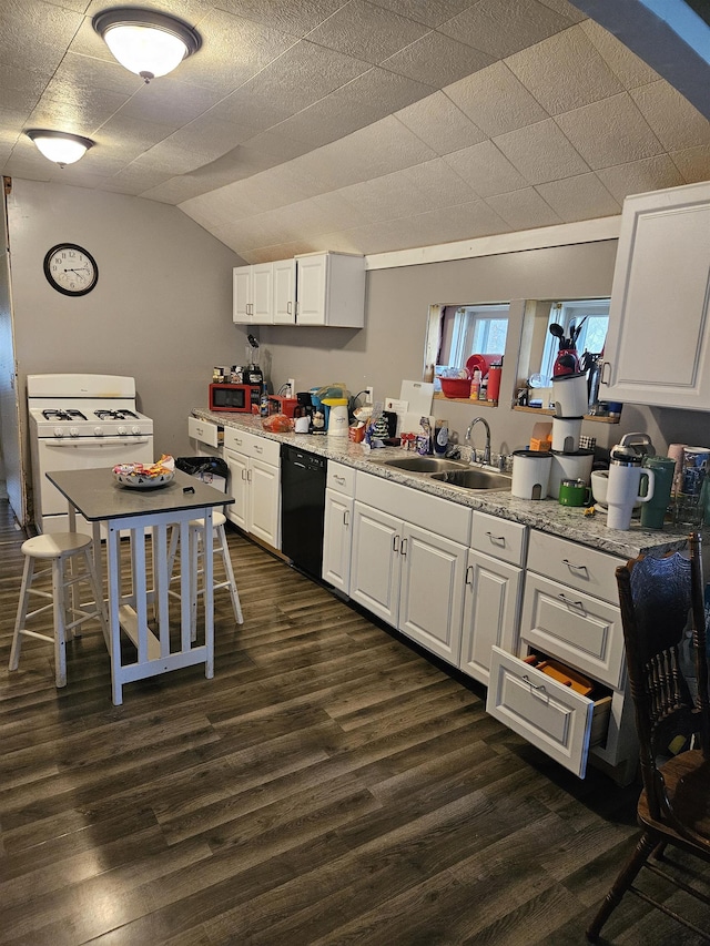 112 Euclid St, Saint Louis, MI 48880 - kitchen featuring dishwasher, white gas range, white cabinets, dark wood-style floors, and a sink