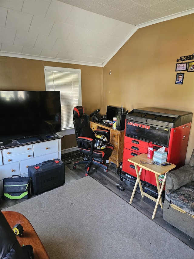 112 Euclid St, Saint Louis, MI 48880 - office featuring crown molding, carpet, and vaulted ceiling