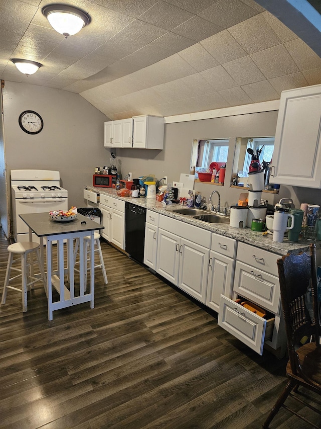 112 Euclid St, Saint Louis, MI 48880 - kitchen featuring black dishwasher, a sink, white gas range oven, dark wood-type flooring, and white cabinets