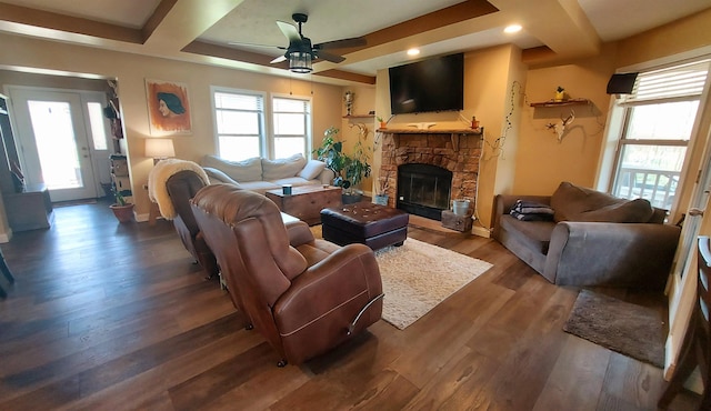 3787 Shepherd Rd, Midland, MI 48880 - living room with wood finished floors, ceiling fan, a stone fireplace, baseboards, and recessed lighting