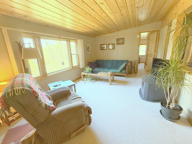 carpeted living area featuring wood ceiling