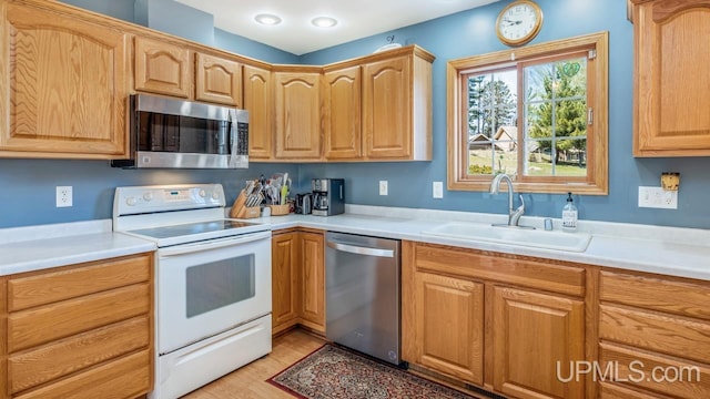 1000 N Evergreen Dr, Iron Mountain, MI 49801 - kitchen with appliances with stainless steel finishes, a sink, light wood-style floors, and light countertops