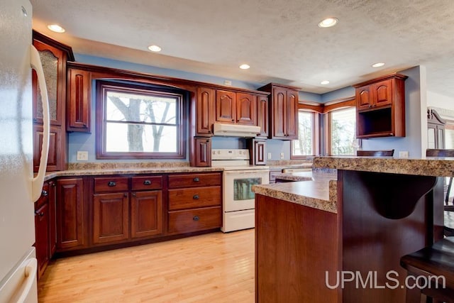 8962 Stagecoach Q.5 Ave, Gladstone, MI 49837 - kitchen with white appliances, under cabinet range hood, recessed lighting, light wood finished floors, and a breakfast bar
