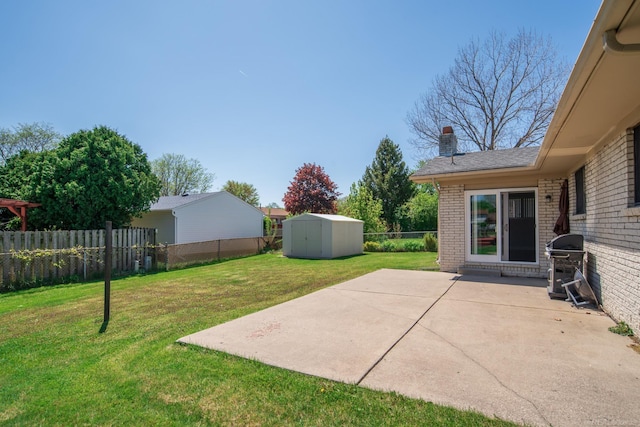 view of yard with a shed, a patio, and an outbuilding