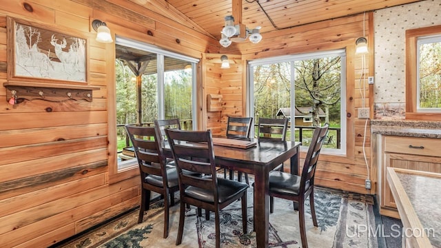 9190 Blue Jay Ln, Florence T-Wi, WI 54121 - dining room featuring wooden walls, wood ceiling, and lofted ceiling