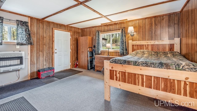 9190 Blue Jay Ln, Florence T-Wi, WI 54121 - carpeted bedroom featuring heating unit and wooden walls