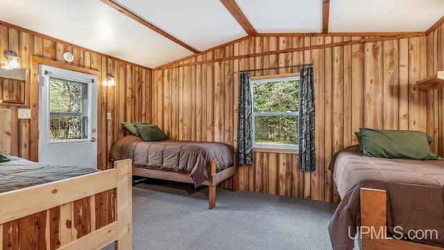 9190 Blue Jay Ln, Florence T-Wi, WI 54121 - carpeted bedroom featuring vaulted ceiling, multiple windows, and wooden walls