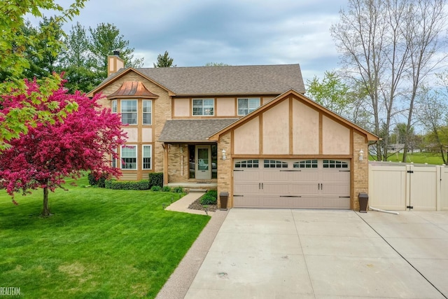 35657 Pierce St, Richmond, MI 48062 - tudor home featuring concrete driveway, a chimney, a garage, a gate, and a shingled roof