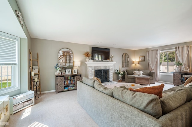 35657 Pierce St, Richmond, MI 48062 - living area with light carpet, a brick fireplace, and baseboards