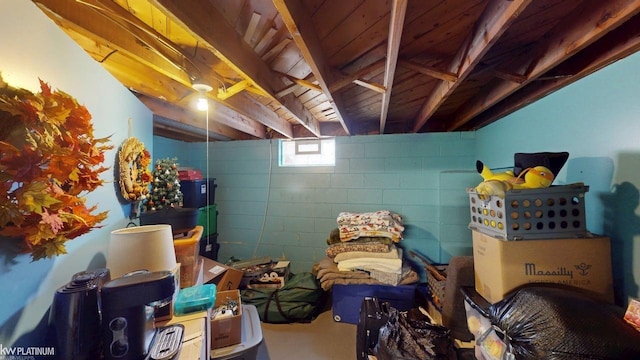below grade area featuring concrete block wall