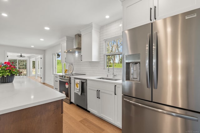 7533 Roberta Ln, Washington T-Wi, MI 48094 - kitchen with stainless steel appliances, a sink, wall chimney exhaust hood, light wood-style floors, and tasteful backsplash