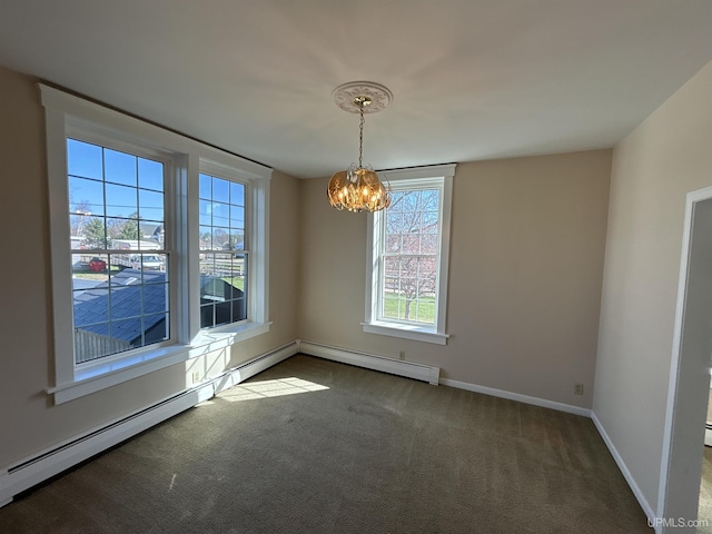 258 W Jasper St, Gwinn, MI 49841 - unfurnished dining area featuring a chandelier, carpet flooring, baseboards, and a baseboard radiator