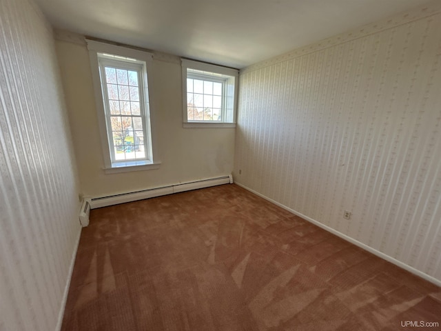 258 W Jasper St, Gwinn, MI 49841 - unfurnished room with a baseboard heating unit, carpet, wallpapered walls, and baseboards