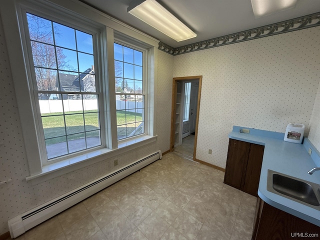 258 W Jasper St, Gwinn, MI 49841 - unfurnished dining area with a baseboard heating unit, a sink, wallpapered walls, and baseboards