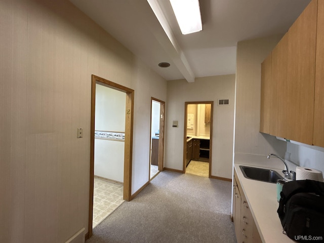 258 W Jasper St, Gwinn, MI 49841 - kitchen with a sink, light countertops, light carpet, and baseboards