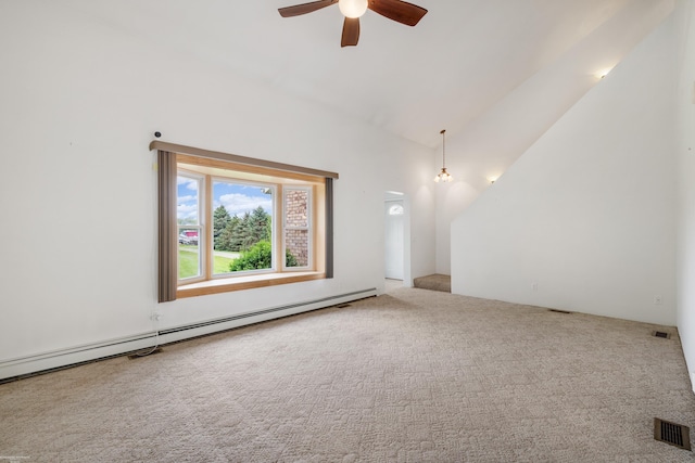 carpeted empty room featuring a baseboard heating unit, ceiling fan, and high vaulted ceiling