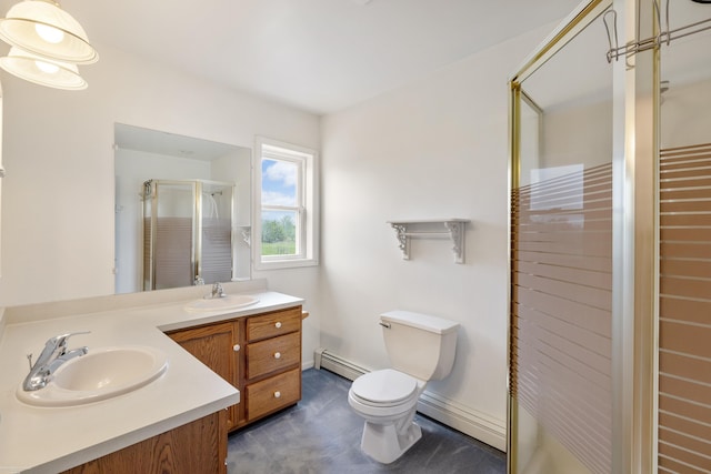 bathroom with a baseboard heating unit, a shower stall, toilet, and double vanity