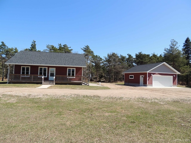 8653 Ll Rd, Rapid River, MI 49878 - single story home featuring a front yard, dirt driveway, a garage, and an outdoor structure