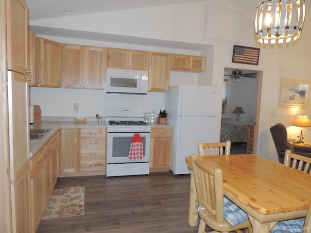 8653 Ll Rd, Rapid River, MI 49878 - kitchen with white appliances, light brown cabinets, dark wood finished floors, and lofted ceiling