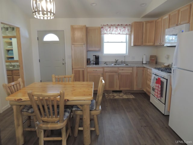 8653 Ll Rd, Rapid River, MI 49878 - kitchen with white appliances, light brown cabinets, a sink, light countertops, and dark wood-type flooring