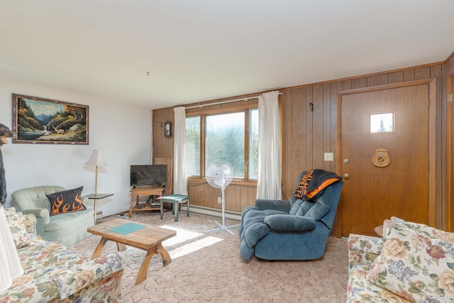 723 Old Beechwood Rd, Iron River, MI 49935 - carpeted living room with wooden walls and healthy amount of natural light