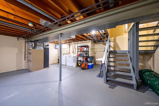 405 Mustang St, Gwinn, MI 49841 - unfinished basement featuring washer and dryer, stairs, and heating unit