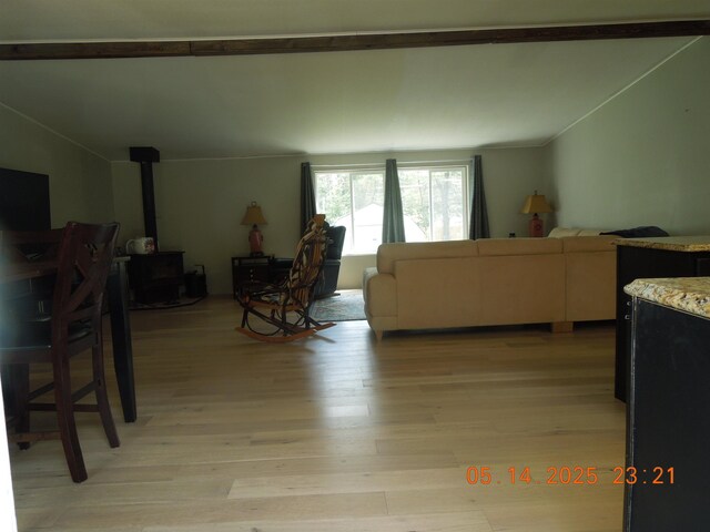 1582 Oakwood St, Gladwin, MI 48624 - living area featuring a wood stove and light wood-type flooring